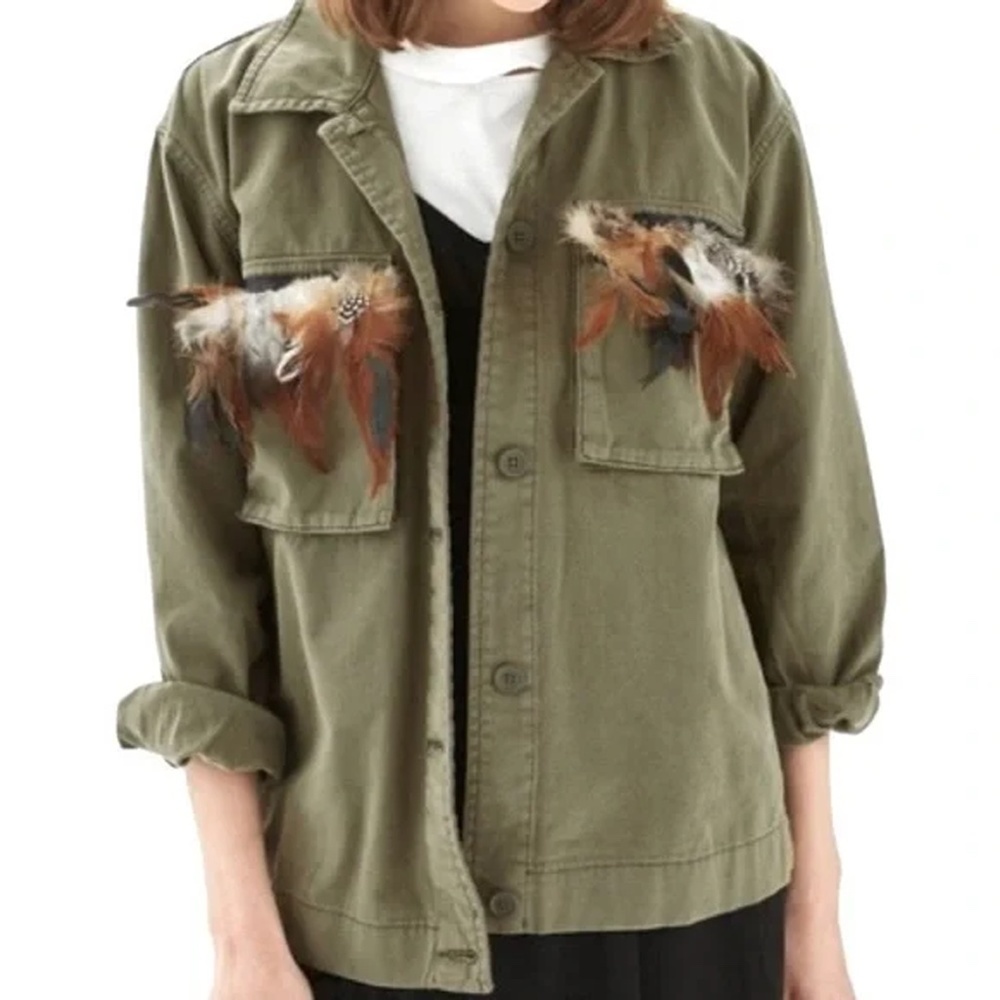 TOPSHOP Jacket Coat Plume Feathers Cotton Military Army Green Field Utility